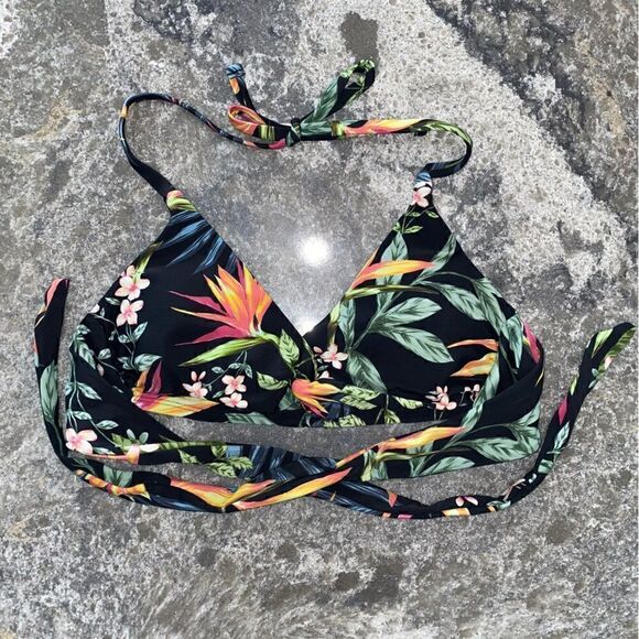 Kona Sol Womens Floral Print Tie Back Bikini Top Swimsuit Black Small - Picture 1 of 5